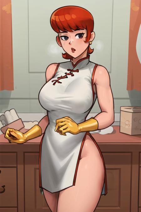 masterpiece, best quality, cowboy shot, 1girl, solo, toned, <lora:mom (dexter's laboratory):0.9>, cheongsam