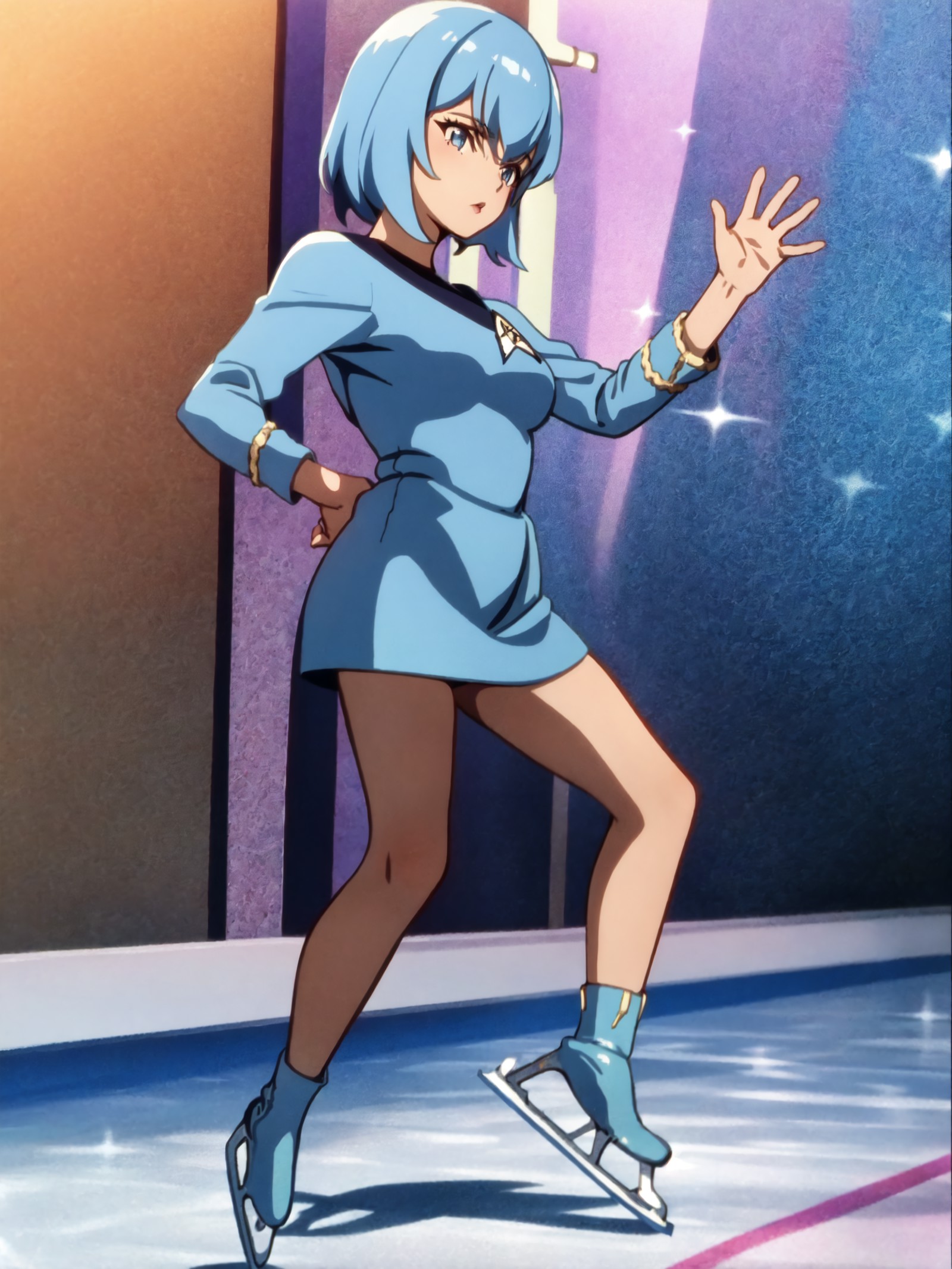 anime screencap, 1girl, solo,woman in a (blue startrektos dress:1.2),ice skating,ice rink,pose,colorful<lora:StartrekTosV3...