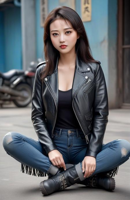 breathtaking, (masterpiece,best quality,ultra high res:1.1),(photo-realistic:1.1),looking at viewer,
character portrait,20yo,chinese actress,
1girl,<lora:zhouhaimei_XL_0_:1.3>,zhouhaimei,(Leather_jacket_with_fringe:1.5),(Distressed_boyfriend_jeans:1.4),(Biker_boots:1.3),, award-winning, professional, highly detailed