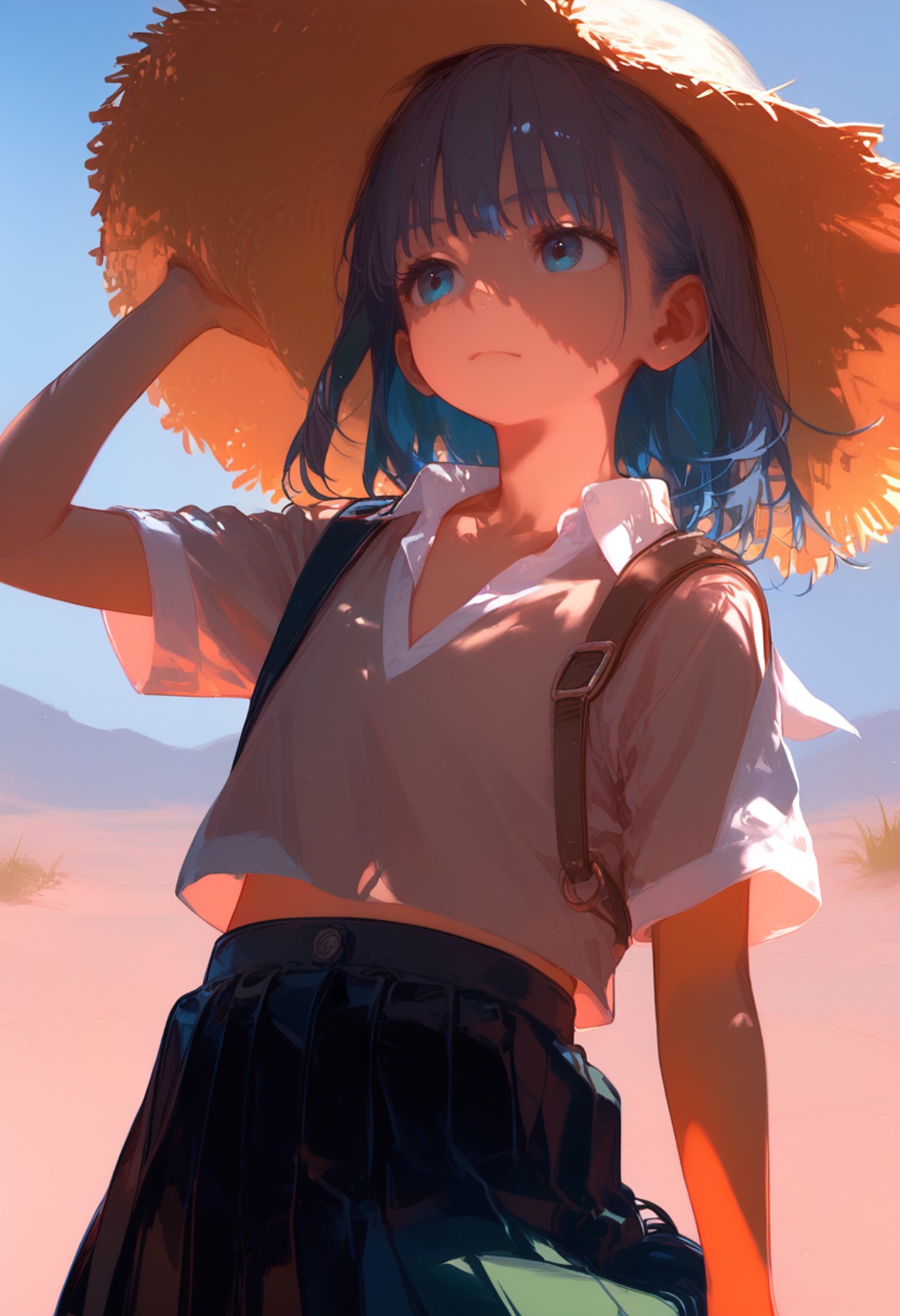score_9, score_8_up, 1girl, anime, school uniform, straw hat, desert