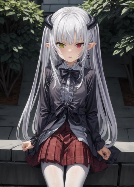 masterpiece,best quality,1girl,solo,looking at viewer,bright light<lora:add_detail:0.7>,jewelry,earrings,necklace,on stomach, outdoors, shopping, 
<lora:Claire:0.9>Claire,heterochromia, demon girl, very long hair, pointy ears, grey hair, white pantyhose, horns,    <lora:jk:0.6> jk suit, plaid skirt, pleated skirt, shirt, bowtie,