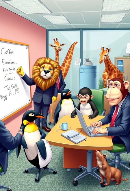 Create a vibrant and funny scene in a busy office where all the workers are replaced by animals in business suits. A serious-looking lion is giving a presentation at the whiteboard, while a clumsy penguin is spilling coffee on the desk, and a monkey is typing furiously on a laptop. In the background, a giraffe is struggling to use the water cooler because it's too tall, and a tiny hamster is trying to use a huge swivel chair, but it keeps spinning. Bright colors, playful expressions, and exaggerated comedic movements.