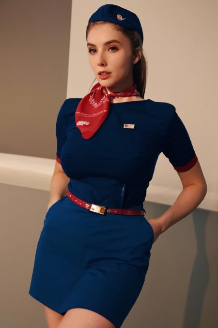 front view, professional photography, standing, looking at viewer, 21 years old woman, tall, athletic body, ((smooth silk fair skin)), beautiful long legs, (wide hips), (narrow waist), (natural round 32DD size breasts:1.2), ((femenine hands)), <lora:lenapaul:0.9> lenapaul, <lora:BBFP_1.0:0.85> 1girl, Black Background, solo, <lora:Outfit_soph-RossiyaStewardess:0.8> st3w4rd3ss, uniform, white gloves, blue dress, scarf, name tag,blue headwear, simplistic, blue skirt, red belt, short sleeves