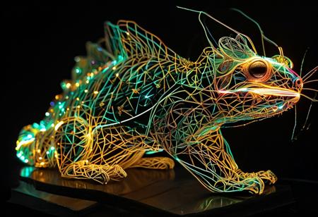 Lazypos, 
Chameleon with long tongue, catching bee,
neon, wires, made of wires, cables, outlined with wires and neon, neon outlines, wire sculpture, neon wire sculpture, a build of sacred geometry, a neon color giving an ethereal glow in each separate completed, outlined by neon wires, Masterpiece