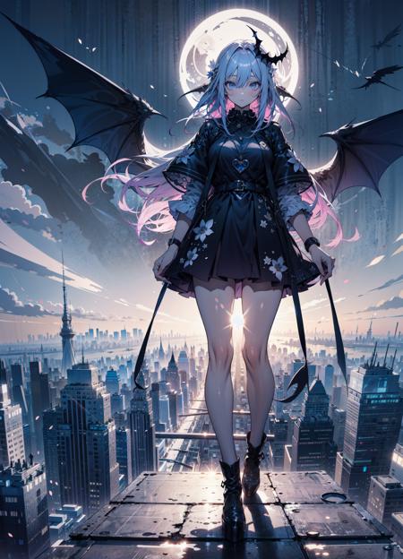 laughing heartily, gradient eyes, full body, (The protagonist overlooking the demonic city from above:1.2), (Manhattan city:1.2),