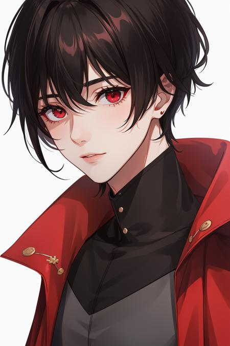 ((masterpiece:1.2, best quality)), 4k, 1boy, very short black hair, red eyes, suit, coat, cape, face, close up