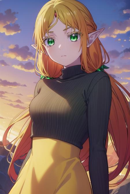 tsundereelf, <lora:tsundere elf s1-lora-nochekaiser:1>,
tsundere elf, long hair, blonde hair, (green eyes:1.5), pointy ears, elf, multicolored hair, forehead jewel,
BREAK long sleeves, turtleneck bodysuit, pantyhose, sweater, (black sweater:1.2), dress, (yellow dress:1.5),
BREAK outdoors, forest, nature, sun, sky, clouds,
BREAK looking at viewer, (cowboy shot:1.5),
BREAK <lyco:GoodHands-beta2:1>, (masterpiece:1.2), best quality, high resolution, unity 8k wallpaper, (illustration:0.8), (beautiful detailed eyes:1.6), extremely detailed face, perfect lighting, extremely detailed CG, (perfect hands, perfect anatomy),