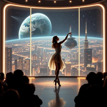 immaculately detailed realistic ultra quality image of a beautiful elegant female dancer is dancing on a futuristic stage micro-LED lighted, behind the dancer on the stage is an enormous seamless and futuristic wall to wall and floor to ceiling window that looks out at a the planet's surface covered with the lights of enormous buildings and cities, An enormous deco starship with futuristic lighting and an enormous space station are visible in the background among the stars, Artistic art deco, dynamic perspective, (((overall architectural aesthetic is Art Deco Cyberpunk))).  Epic image that elicits a feeling of romanticism, wonder, and awe, the silhouette of the audience can be seen in the foreground that show the enormous scale of the stage and seamless window behind it,