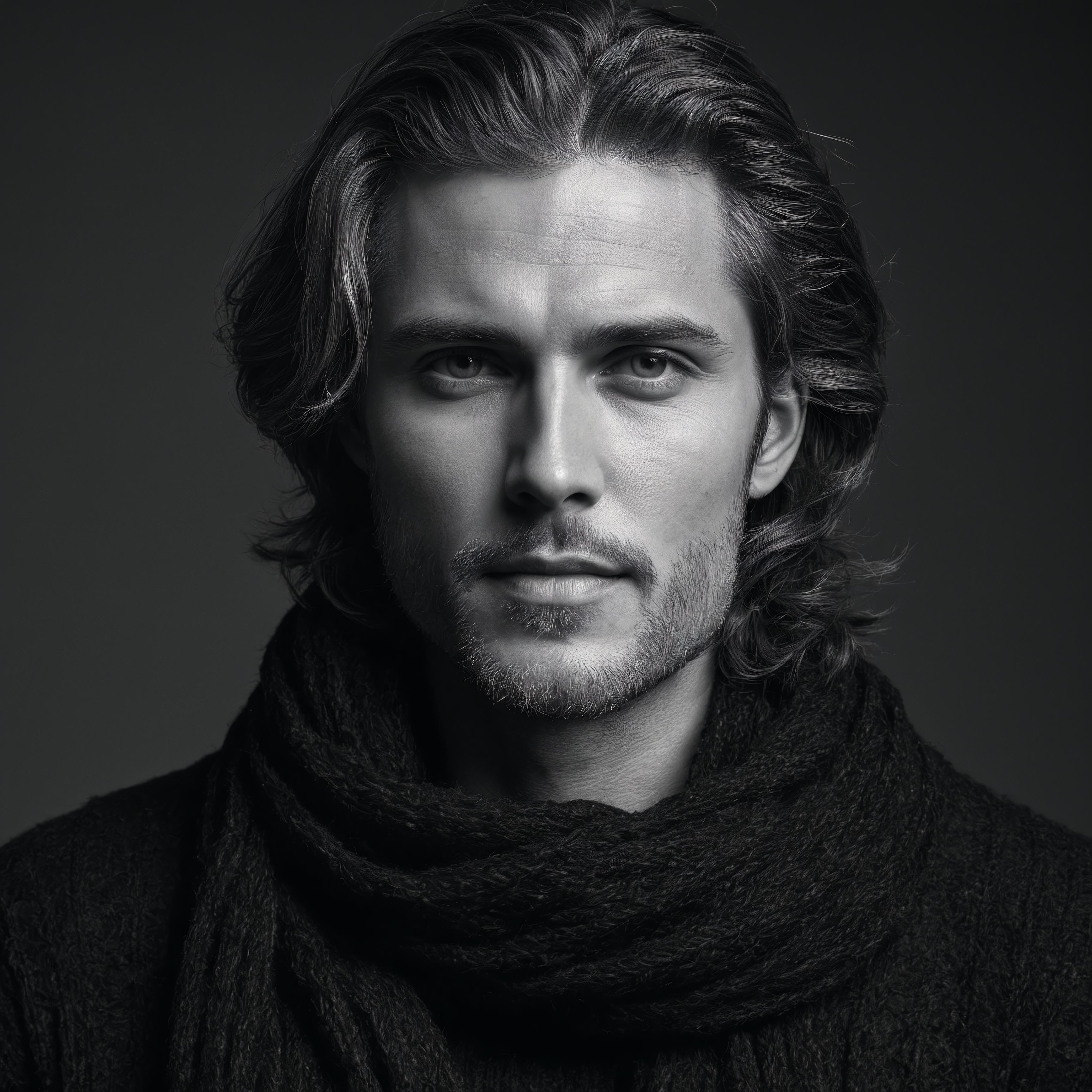 A man with long hair wearing a scarf.