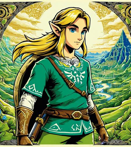 In an intricate ink illustration, Link from The Legend of Zelda stands tall, his green tunic fluttering in the wind. The detailed linework brings out every strand of his golden hair, while his piercing blue eyes exude determination and heroism. The background showcases a vibrant Hyrule landscape, complete with rolling hills, ancient ruins, and a distant castle shrouded in mystery. <lora:Dall-e_3_0.3-v2-000003>