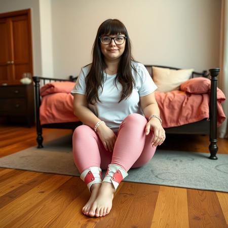 A full body shot of a chubby adult Scottish woman with long straight bangs, glasses, a white t-shirt, and pink textured leggings. She is barefoot wearing white and pink bdsm leather cuffs on ankles sitting  the side of a daybed in a bedroom with hardwood floors. Warm lighting,