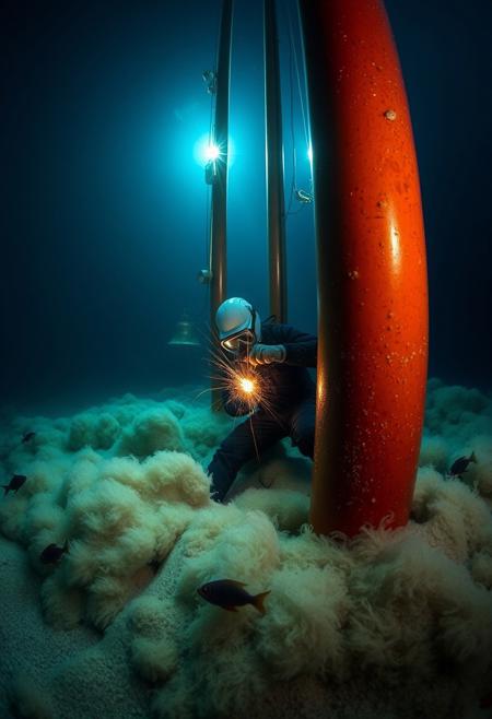 underwater documentary photograph of a saturation diver welding vertical oil pipelines of a drilling rig at the bottom of the ocean, the ocean floor is delicate and bursts into muddy clouds around the legs of the man, a couple of curious deep water fishes wander around, high pressure bell in the visible background, lit by two strong construction lights surrounded by total deep depth darkness
