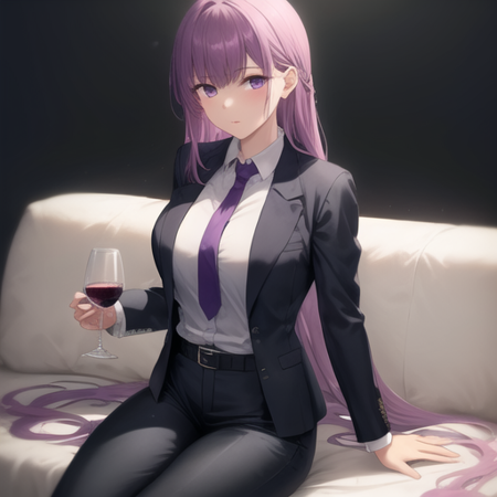 sophia fe, <lora:Sophia_FE-10:0.6>, 1girl, solo, breasts, looking at viewer, large breasts, simple background, shirt, long sleeves, white background, holding, sitting, very long hair, white shirt, necktie, alternate costume, collared shirt, belt, pants, cup, black jacket, black pants, formal, suit, holding cup, alcohol, drinking glass, wine glass, wine, purple necktie, black suit, pant suit