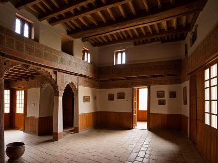 Professional photorealistic photograph, slightly further camera field view, architecturally accurate traditional medieval interior of an Indian home in village looking to dirt road, raining outside, intricately detailed, professional photography, maximalist, 8k resolution, expansive, DSLR, F/2. 8