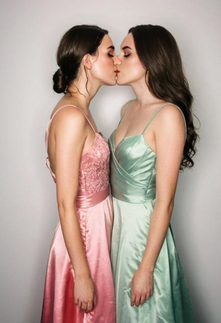 two cute skinny girls, 2girl light freckles, slight smile, (lesbian kissing:2)
high contrast flash photography, night time cheap motel
(light makeup:1.2)
loose (satin:2) lace prom (dresses), ribbons bows