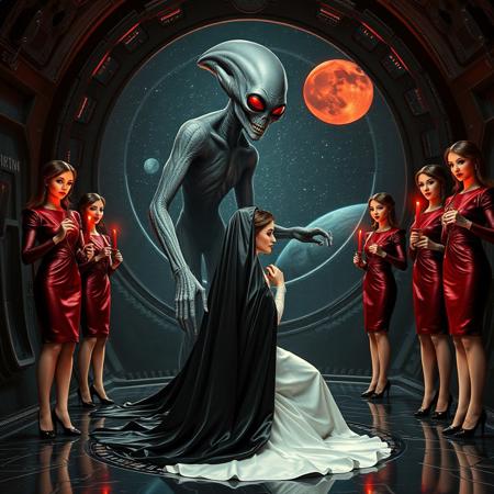 high-society elegant slender norvegian rich innocent young bride kneeling  from behind. She is ensnared by a towering, gray human-like alien, draped in a long, glossy black slime cloak, its eyes gleaming red with an otherworldly intensity.   its hands fastens steel slave collar  on her. Surrounded by strict ladies wearing  glossy satin dominatrix attire and glossy high heels,  holding red candles.   weird wet-look black slime  walls and floor, colossus observation blister to outer space full of stars, bright red moon, vintage-inspired makeup, long hairs, ultra thin waist, evil grin, porcelain skin, lipstick, red nails, in the style of a haunting, retro-futuristic 1950s sci-fi nightmare, horror, alien space base,,