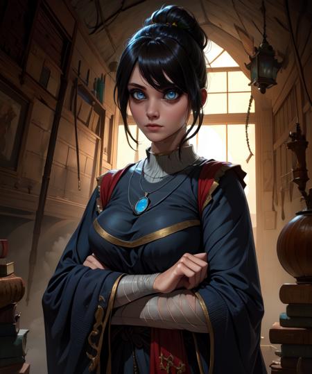 Sellen,bangs,black ponytail,pondering,
necklace,robe,long sleeves,bandages,wide sleeves,
cobwebs,potions,underground,
(insanely detailed, beautiful detailed face, masterpiece, detailed eyes, best quality),<lora:Sellen-10EDRv8:0.8>,