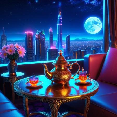 vibrant colors, shiny_skin, prefect lighting, detailed image, snoozing, masterpiece, best quality, highly detailed, ultra quality, 3DMM, 
<lora:AtayV2:0.8>, atai,
(Teapot, teacup, table, sofa, flower vase), 
neon lights, glowing, glowing Light, city, skyscraper, building, sciencefiction, electricity, night, moon, moonlight, starry, star,