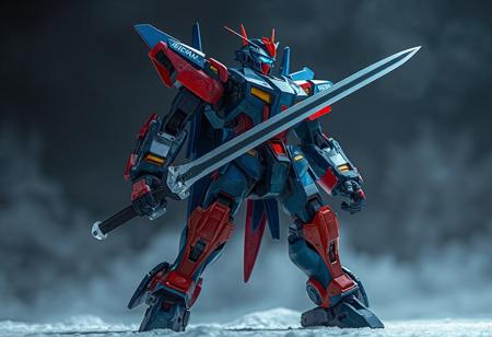 The image features a Dark Strike Fighter robot, standing in a dynamic pose against a Return from the Different Dimension background. The robot, primarily blue with red and orange accents, is prepared for action with its Metalmorph arms extended and legs bent at the knees. Its head is slightly turned, gazing into the distance with glowing blue eyes. Holding a Snowfall Sword, the robot's stance is further enhanced with a sense of solitude and readiness. The image is a high-resolution, 4K representation of exceptional quality, highlighting vivid colors and sharp details.