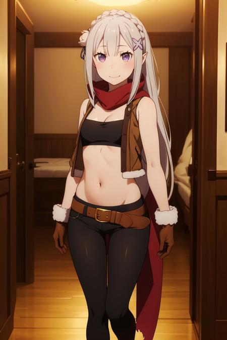 <lora:ä»é¶åé4V-000007:0.8>,ç±èèé,1girl,emilia (re:zero),pointy ears,grey hair,white hair,very long hair,blunt bangs,purple eyes,crown braid,sidelocks,x hair ornament,hair flower,purple ribbon,very long hair,è²é²ç¹
<lora:add_detail:0.3>,<lora:è°æ´colorful_V1_lbw:0.3>,indoors,åºç¥ä¿®Â·å¡å°æ¯è¾,smile,
è²é²ç¹çè´¼æ,red scarf,black bandeau,cropped jacket,brown jacket,flat chest,cleavage,sleeveless,bare shoulders,sheathed,fur trim,belt,midriff,navel,torn scarf,brown vest,fur-trimmed gloves,brown gloves,groin,navel,single pantsleg,black pants,open vest,ribbon
black footwear,boots,, Exquisite visuals, high-definition,masterpiece,best quality,Exquisite visuals,high-definition,masterpiece,best quality,18yo,Young female,Beautiful Fingers,Beautiful long legs,Beautiful body,Beautiful character design,