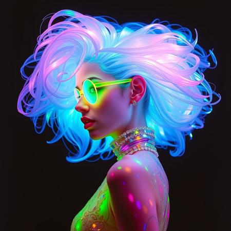 model , crystallisation, schizophernia, bioluminescent Jem the Hologram, surreal psychedelic flowing avant-garde art by Yoh Nagao and Erik Madigan Heck and Alan Aldridge, 1980's new wave totally radical fashion.,side view, side eye,