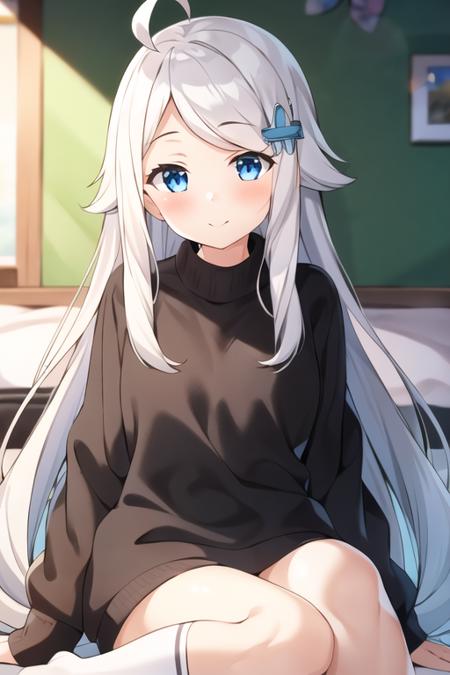 masterpiece, best quality,1girl,solo, kani nayuta,sliver hair,long hair,ahoge,hair ornament,blue eyes,black sweater,long sleeves,white socks,<lora:kaninayuta:0.6>, bedroom, 