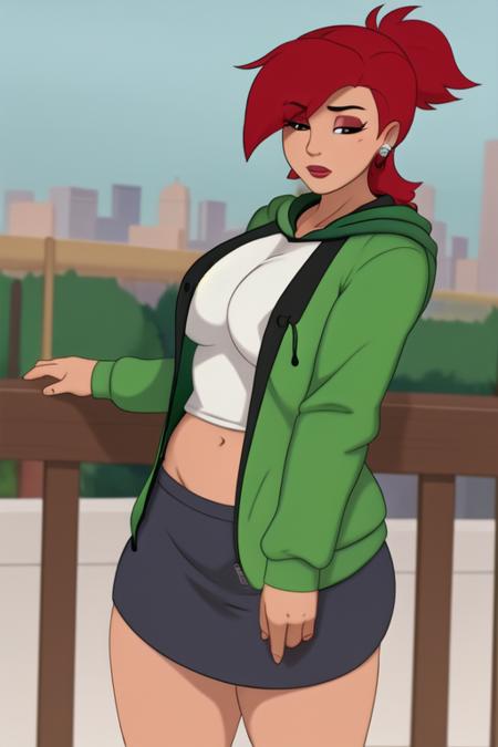 masterpiece, best quality,  <lora:DiscreenVision:.65>,  discreen vision,  <lora:FrankieFoster:.6> frankie foster, pleated skirt, green hoodie, open hoodie, zipper, outdoors, city, shirt under hoodie, open clothes, red hair,