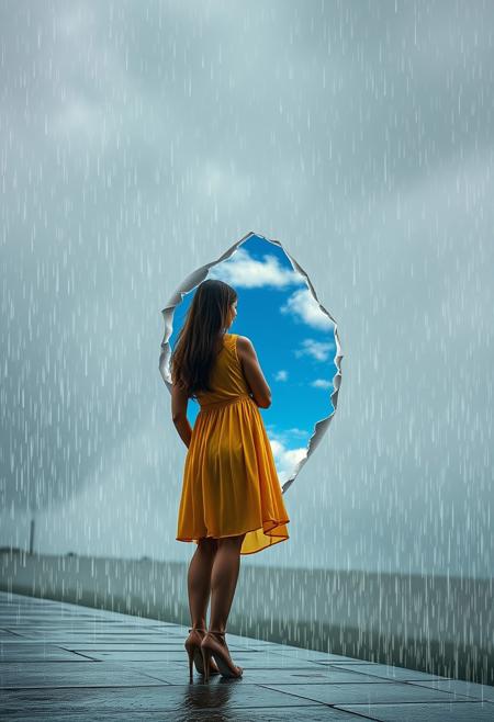 artistic photoshop montage representing a scene outside on a grey rainy day where a woman in a yellow dress tears the sky like one tears a wallpaper to reveal a beautiful blue sky behind
