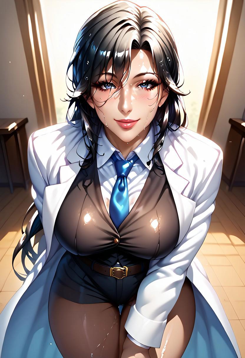 score_9, score_8_up, score_8, anime style, source_anime, 
BREAK, 
solo, beautiful mature female, gilf, voluptuous, curvy, looking at viewer, ultra realistic, masterpiece, high detailed , minamoto_style, , shzhrtsk, large breasts, long hair, black hair, grey eyes, labcoat, white collared shirt, black vest, black shirt, blue necktie, belt, 
 sweaty, wet hair,
indoors, seductive smile, sultry, 
1girl, sagging breast, close-up, sexy pose, , milf, mature female, cleavage,  leaning forward
, pureerosface_v1, Expressiveh, intricate_details_xl,