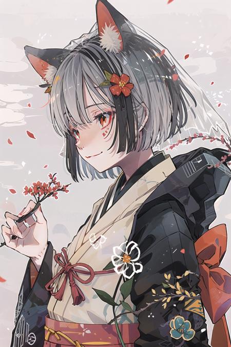 KoiKoi, 1girl, animal ears, blunt bangs, blush, closed mouth, falling petals, flower, fox ears, fox girl, hair flower, hair ornament, japanese clothes, kimono, makeup, petals, red eyes, red flower, smile, solo, upper body, white hair, white kimono, uchikake, veil, white background, from side, bangs, looking to the side, animal ear fluff, profile, looking away, multicolored eyes, looking at viewer, wataboushi, hood, bride,
  <lora:KoiKoi:1>