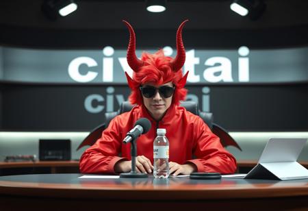 In the center of the image, a person is seated at a professional desk. They are donned in a vibrant red devil costume complete with a matching red wig and horns. Their face is obscured by a pair of sunglasses, adding an air of mystery. The desk features a microphone and a water bottle. Behind the person, a sign bearing the word "civitai" is prominently displayed. The setting is well-organized, suggesting a broadcasting or recording studio. High-res, 4K, Exceptional Quality, More Detail, Lifelike Details, Super Detailed Face and Eyes and Clothes, Handcrafted with Precision, High Quality, Sharp Lines, Stunning Colors, Harmonious Colors, Multi Colored, Contemporary Aesthetics, Impeccable Composition, Creative Angle, Attractive Background, Balanced Editing, Intentional Focus, Well-timed Moment, Captivating Lighting, Octane Render, Unreal Engine 5, Houdini Style, Vivid Emotions, Joyful Impact, Powerful Message, Beautiful Detailed Eyes, CGSociety, Artstation Trending on ArtstationHQ, Golden Ratio. Cinematic photorealistic render.