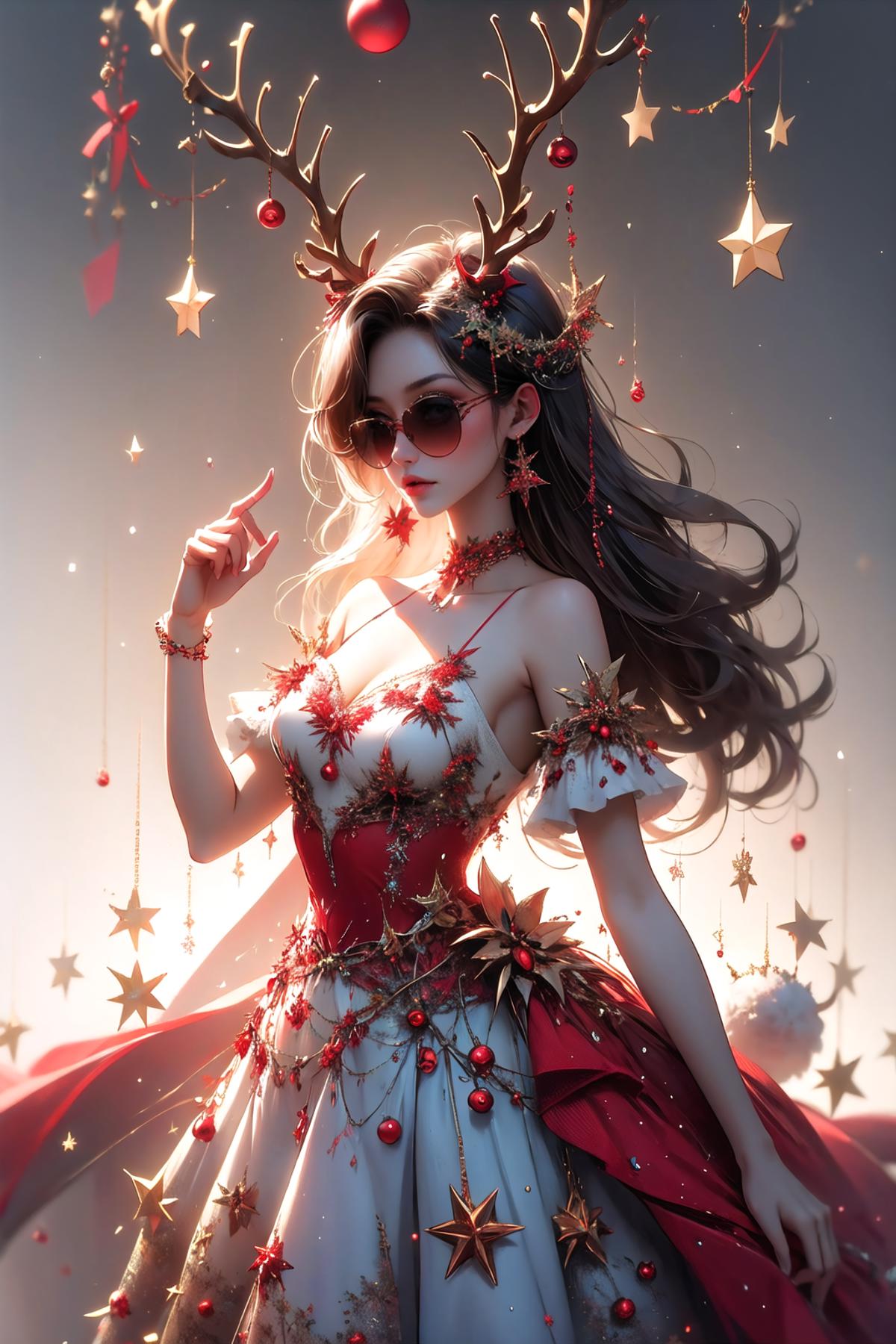 A beautiful woman in a red dress with stars and ornaments around her neck.