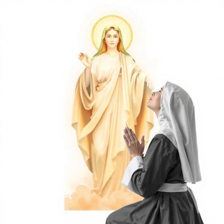 beautiful woman in nun's habit, grey and white, on knees, praying with eyes open, looking up at translucent image of a lovely female saint, with flowing robe, halo, outstretched arms, beatific smile