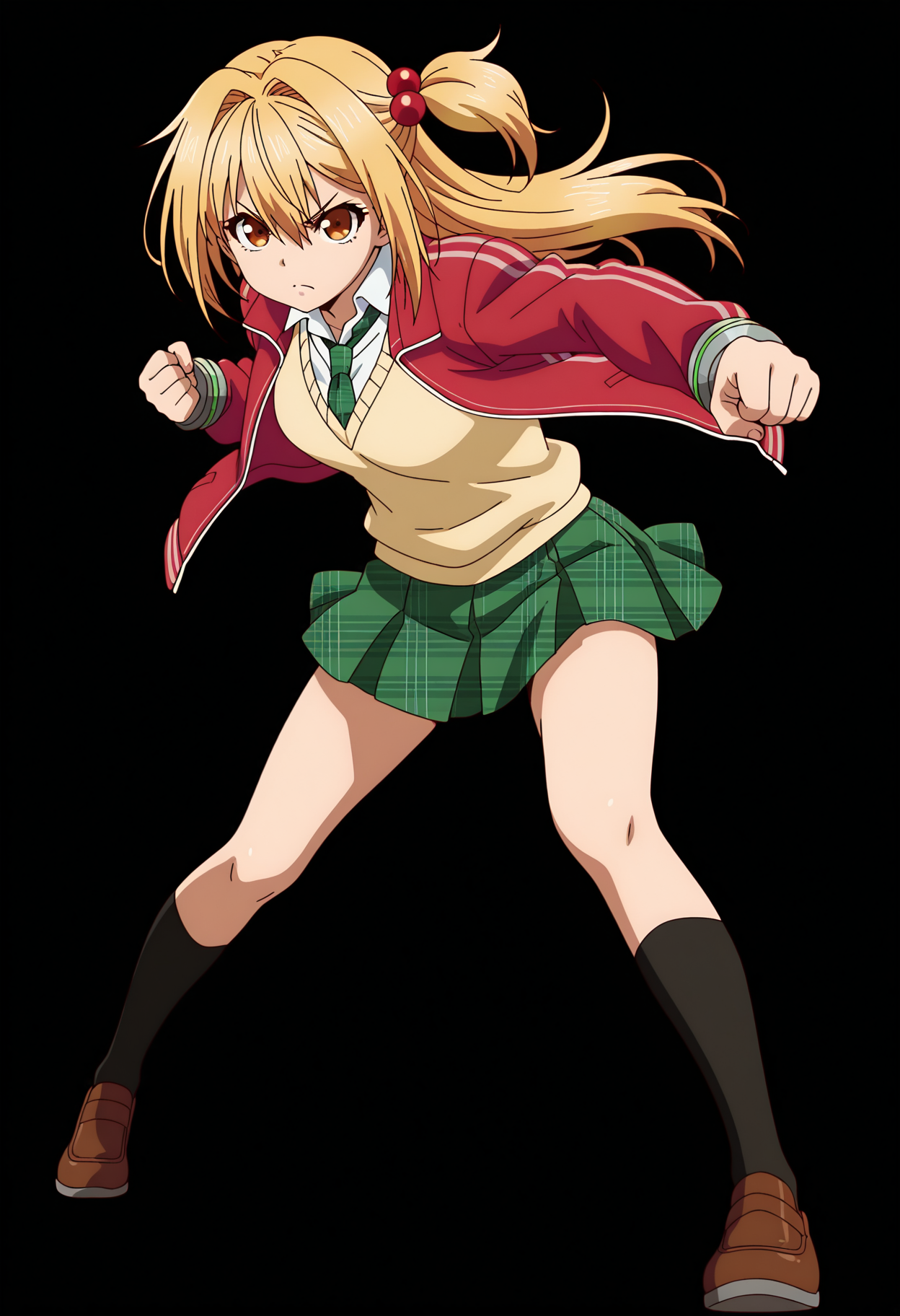 A young woman with golden eyes, long blonde hair in a single short pigtail, and a fierce, determined expression crouched in a dynamic fighting stance with her fists raised. She is wearing a school uniform consisting of an open red jacket over a tan sweater vest, a white collared shirt with a green tie, a green plaid pleated skirt, dark knee-high socks, and brown loafers. 