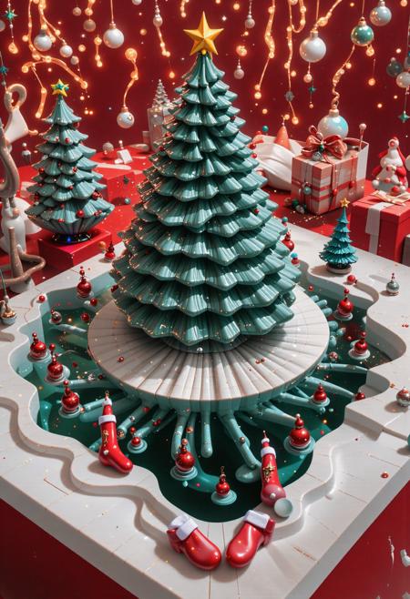 (cartoon art stylized by Classic Disney:0.7) and (Guillermo Del Toro:0.8) and (Pedro Almodovar:1.1) , professional Vector Art, Whimsical, magical, musical, timeless storytelling, birds-eye-view shot of a stocky (geeky liquid marble, liquid marble, a christmas tree ornament, various decorations, christmas hats, red socks, santa claus, sparkling lights, details, surreal:1.3) , it is holding hands with Hera, it is rolling eyes as a Police officer, it is wearing a Cyberpop Cobalt Blue, Electric Green and Neon Yellow Indonesian Straw robe tailored by Christian Lacroix that was made by Rolls-Royce, It is very Fuchsia, Coral and Gold, it has a Sickening Sharingan Eyes, lush flower field and Nebula in background, Clear skies, Very wide view, Dynamic, Happy, Bloomcore, natural lighting, pinhole lens, anaglyph effect, halation, Rule of Thirds, stunning detail, ambient illumination, beautiful detailed, World-renowned