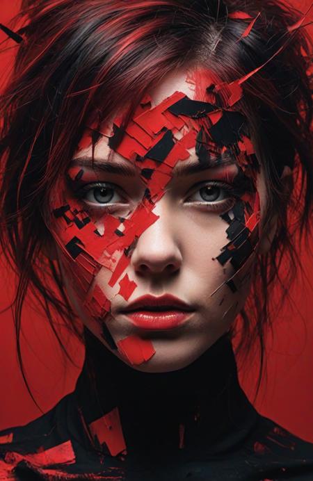 abstract portrait of 1girl,undefined gender,fragmented visual style,red and black color palette,evokes feelings of rebellion,passion,and freedom,blurred boundaries,high resolution,aesthetic,<lora:LCM&TurboMix:1>,