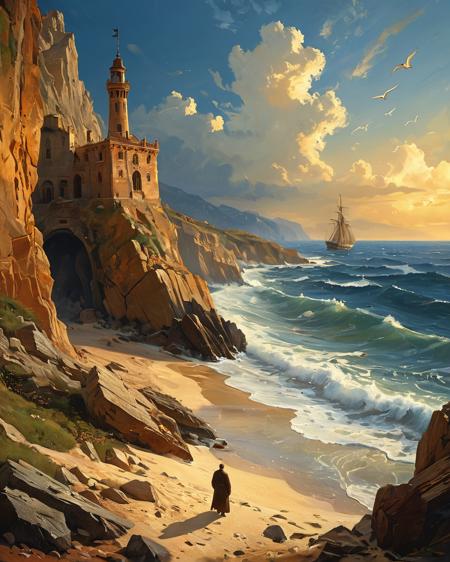 ethereal fantasy concept art of  (landscape creator, landscape:1.5), , (epic landscape:1.5),  (style J.M.W. Turner (dramatic tempests) drawing), (style J.M.W. Turner (dramatic tempests) painting),best quality, masterpiece, extremely detailed,  professional  art,  professional painting, an extremely delicate and beautiful, dynamic,  great lighting, perfect shading, professional shading, depth of field,   side soft light, elegant, gorgeous, highly detailed,   full shot, uncropped,   pure genious, absolutely perfect,  highly detailed, breathtaking,
Winslow Homer (coastal realism), Salt-weathered fossil cliff face, seagull footprints in sand. ship's figurehead washed ashore, ,
<lora:psychedelic_trip:0.8> psychedelic trip,
<lora:EldritchRomanceIllustration1.3.1:0.32>,
<lora:- SDXL - vanta-black_contrast_V3.0:0.2>,
<lora:add-detail-xl:1>,
<lora:detailed_notrigger:1>,
 <lora:tbh102-sdxl:0.3> style of Andreas Achenbach . magnificent, celestial, ethereal, painterly, epic, majestic, magical, fantasy art, cover art, dreamy, Surrealism art style, dreamlike and irrational imagery, explores the unconscious mind, juxtaposition of unlikely elements, challenges reality and logic