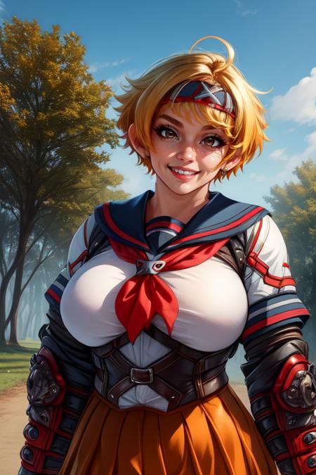 Kamikaze, short hair, blonde hair, brown eyes,  red neckerchief, a
red gauntlets, school school uniform,  orange bike shorts,  headband, red boots, pleated skirt, 
standing, upper body,  
park, outdoors,  smile, 
(insanely detailed, beautiful detailed face, masterpiece, best quality)  solo,   <lora:KamikazeOuka:0.7>