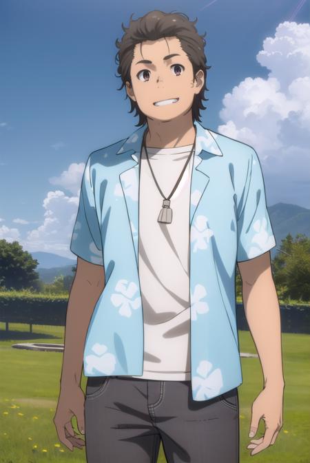 tetsudouhisakawa, <lora:tetsudou hisakawa s1-lora-nochekaiser:1>,
tetsudou hisakawa, black hair, (brown eyes:1.5), male focus, smile, grin,
BREAK shirt, open clothes, pants, necklace, sandals, hawaiian shirt,
BREAK outdoors, house, fields, grass, sky, sun, clouds,
BREAK looking at viewer, (cowboy shot:1.5),
BREAK <lyco:GoodHands-beta2:1>, (masterpiece:1.2), best quality, high resolution, unity 8k wallpaper, (illustration:0.8), (beautiful detailed eyes:1.6), extremely detailed face, perfect lighting, extremely detailed CG, (perfect hands, perfect anatomy),