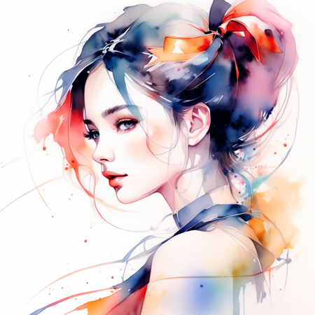 (8k, best quality, masterpiece:1.2),(best quality:1.0), (ultra highres:1.0), watercolor, a beautiful woman, shoulder, hair ribbons, by agnes cecile, half body portrait, extremely luminous bright design, pastel colors, (ink:1.3), autumn lights