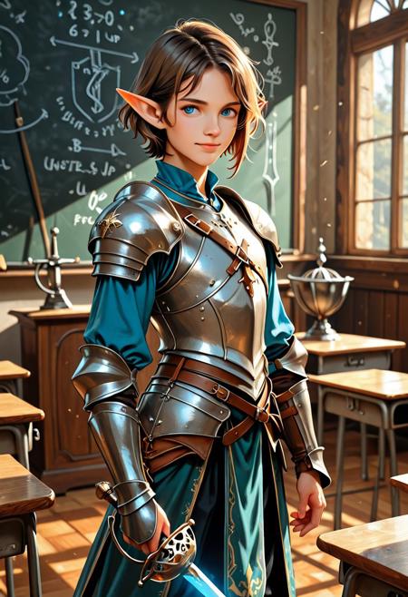 score_9_up, score_8_up, score_7_up, score_6_up. masterpiece, best quality, good quality, very aesthetic, absurdres, semirealism, RapierXL, cl4ssrm, fantasy, 8K, depth of field, focused subject, Elf knight:1.3, 19yo, androgynous, pointed ears, short brown hair, male haircut, blue eyes, wearing detailed armor, knight's armor, standing, light smile, holding sword, rapier, weapon, blue glowing sword,  indoors, chalkboard, classroom, podium, school desks,