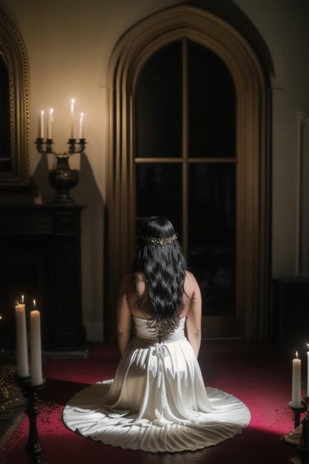 RAW photo, 8k uhd, dslr, high quality, ultra-realistic, realistic, realism, film grain, Fujifilm XT3.
View from behind, dark mansion, gothic-sacrificing alter, room lit by candles, golden chalice, blood spilling out, 1woman wearing a satin white dress, voluptuous body, kneeling,