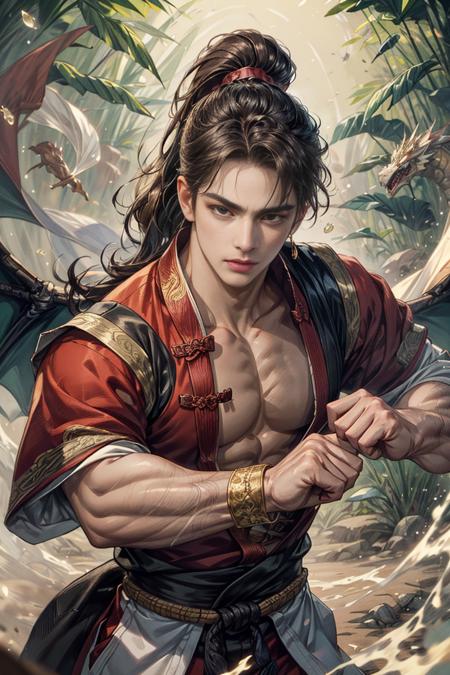 (Absurdres, Intricate Details, Masterpiece, Best Quality, High Resolution, 8k),  1 male, pretty boy, asian, mature, aged up, handsome, tall muscular guy, broad shoulders, ponytail hair, dark brown eyes, finely detailed eyes, and detailed face, looking at the viewer, solo, (style-swirlmagic:0.7), (full body:0.6), (Chinese fantasy theme:1.1), hair flowing in the wind, martial artist, dynamic pose, fighting stance, clenched fist, fingerless gloves, wrist wraps, dragon-themed clothes, monk robes, bamboo forest in the background, swirling floating particles, dynamic composition, mystical eastern medieval atmosphere, Depth of Field, VFX.