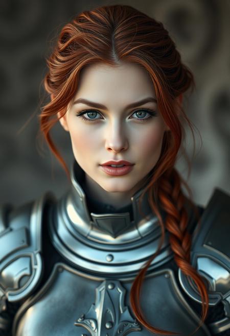 portrait of a female in silver medieval armor, fine realistic crimson red hair, attractive, looking at viewer, photo-realistic detailed soft skin, realstic lips, 4k, full length frame, High detail RAW color art, diffused soft lighting, shallow depth of field, hyperrealism