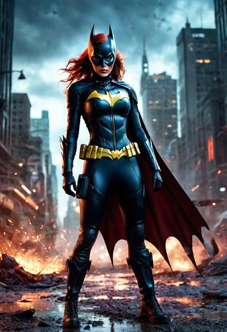 High resolution ultra-realistic of beautiful realistic Batgirl fighting against alien invasion, cinematic style, standing on a bloody and stormy battlefield in a fighting pose, bloody massacre, realistic modern combat costume, black mask, red cape, perfect athletic figure, wavy red hair, handsome dirty bloody face, beautiful perfect detailed pupils, wet oily shiny skin, covered in dirt and blood, beautiful firm Breasts, defiant and seductive, sexy 20 year old girl, 8k resolution concept art portrait by Greg Rutkowski, Dark Gotham City, realistic blue eyes, full body, Artgerm, WLOP, Alphonse Mucha, dynamic lighting, hyperdetailed, intricately detailed, Splash art trending on Artstation triadic colors, Unreal Engine, 5 volumetric lighting, Cinematic Lighting, intricate, smooth, sharp focus digital painting, Asymmetrical Balance, painting, dynamic lighting