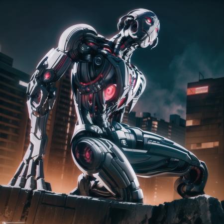 ultron, solo, low angle, floating, villain, destructive, cityscape, robotic, power, epic, intricate details, masterpiece, absurdres, best quality <lora:ultronPrime-000020:0.8>