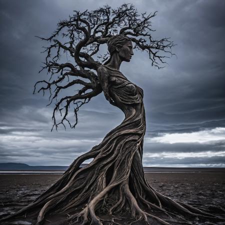 A solitary figure of resilience, mother nature, carved from the very earth, enduring the wrath of nature's fury.