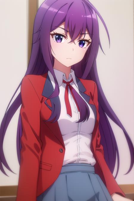 karenkannazuki, <lora:karen kannazuki s2-lora-nochekaiser:1>,
karen kannazuki, long hair, (purple eyes:1.1), purple hair, ahoge,
BREAK skirt, school uniform, blazer, (red blazer:1.5), shirt, white shirt, collared shirt, ribbon, blue ribbon,
BREAK indoors, classroom,
BREAK looking at viewer,
BREAK <lyco:GoodHands-beta2:1>, (masterpiece:1.2), best quality, high resolution, unity 8k wallpaper, (illustration:0.8), (beautiful detailed eyes:1.6), extremely detailed face, perfect lighting, extremely detailed CG, (perfect hands, perfect anatomy),