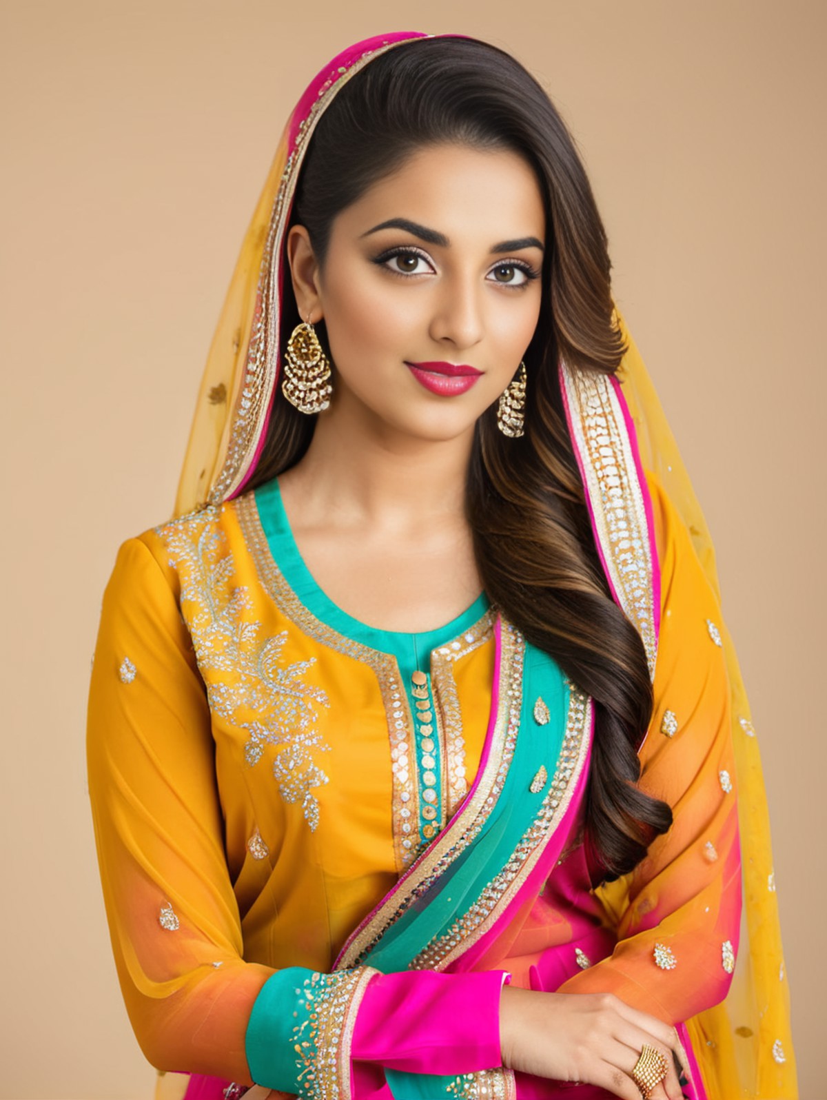 professional portrait photo, fully dressed, stunning looking, 25-year-old, wearing colorful Punjabi Suit,  flat matte back...