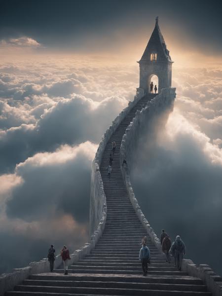 A surreal depiction of the quest for equality, represented by a vast, ((endless staircase winding through the clouds)), with diverse people climbing together toward a shining, elusive doorway at the top. The scene blends elements of fantasy and reality, with barriers along the path symbolizing various social obstacles. The mood is hopeful yet challenging, with ethereal lighting and symbolic motifs scattered throughout.